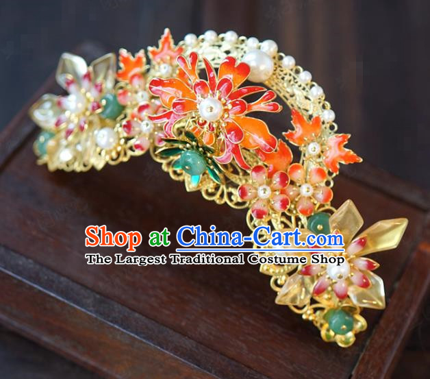 China Ancient Bride Enamel Hair Crown and Tassel Hairpins and Earrings Traditional Wedding Hair Accessories Full Set
