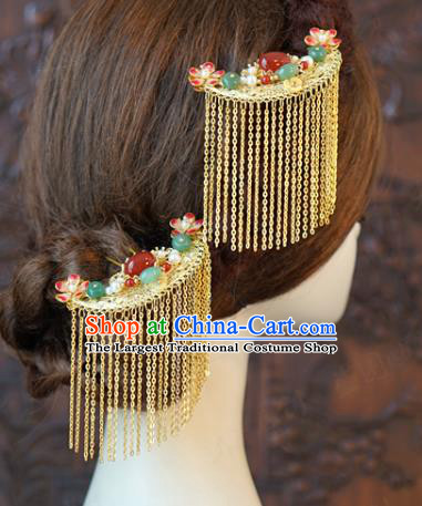 China Ancient Bride Enamel Hair Crown and Tassel Hairpins and Earrings Traditional Wedding Hair Accessories Full Set