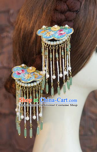 China Palace Blue Embroidered Hairpin Wedding Jade Tassel Step Shake Traditional Xiuhe Suit Hair Accessories
