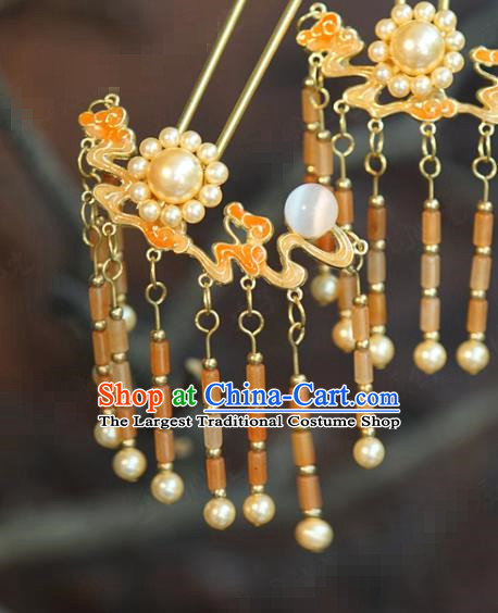 China Wedding Pearls Hairpin Traditional Xiuhe Suit Hair Accessories Ancient Bride Ceregat Tassel Hair Stick