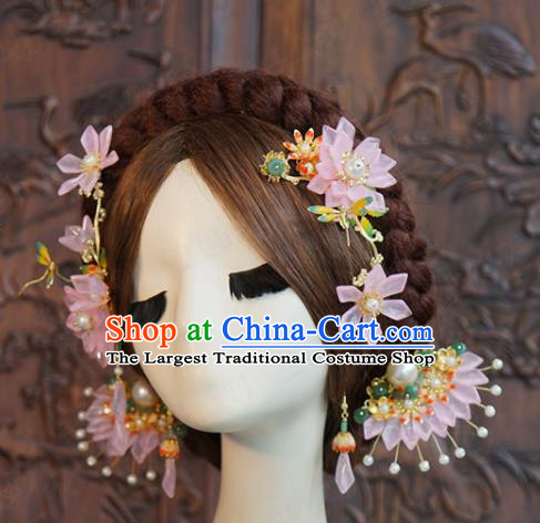 China Traditional Wedding Pink Flower Hair Combs and Hairpins Ancient Bride Hair Accessories Hair Sticks Full Set