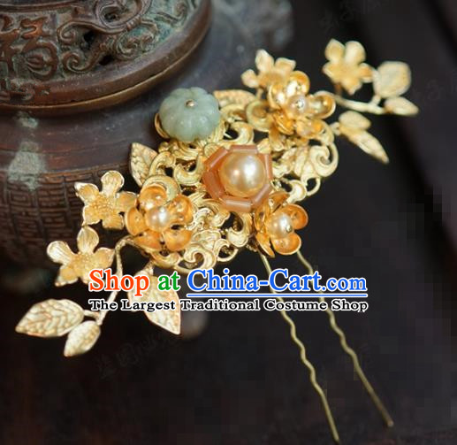 China Ancient Qing Dynasty Jade Hair Stick Traditional Xiuhe Suit Hair Accessories Wedding Bride Golden Hairpin