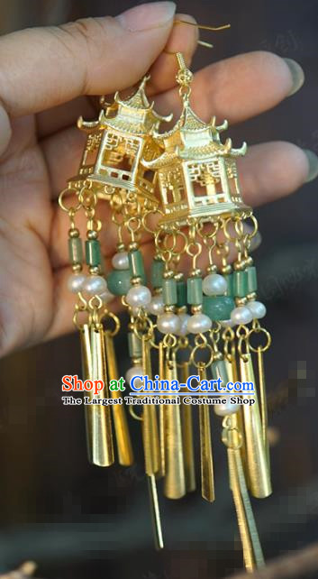 Top Grade Golden Palace Ear Jewelry China Traditional Qing Dynasty Empress Accessories Ancient Bride Jade Tassel Earrings