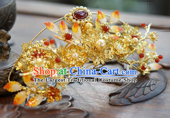 China Ancient Wedding Bride Hair Accessories Traditional Agate Hair Crown and Pearls Tassel Hairpins Full Set
