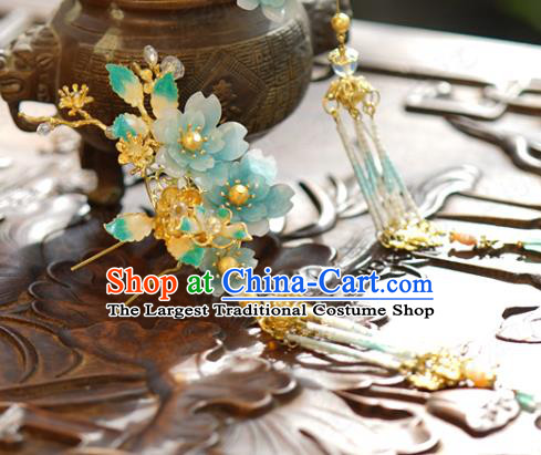 China Traditional Green Flowers Hair Crown and Tassel Hairpins Ancient Wedding Bride Hair Accessories