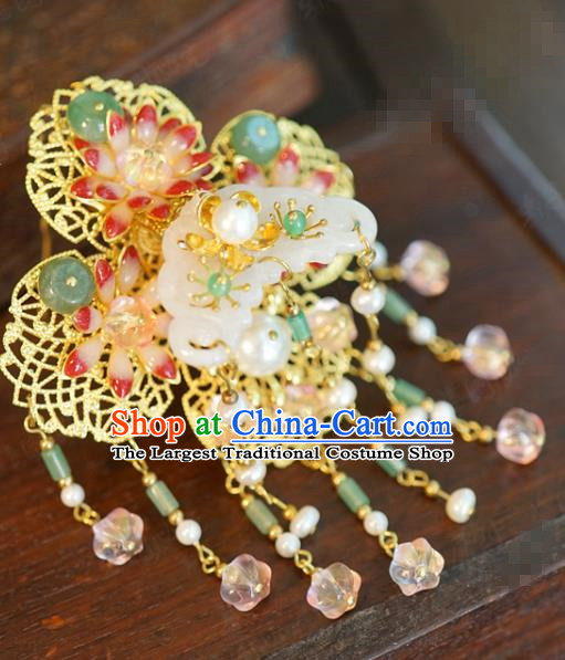 China Traditional Wedding Tassel Jade Hair Crown and Hairpins Ancient Bride Hair Accessories Full Set