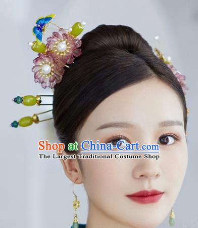 China Ancient Bride Hair Accessories Traditional Wedding Golden Crane Hair Crown and Flower Hairpins Earrings Full Set