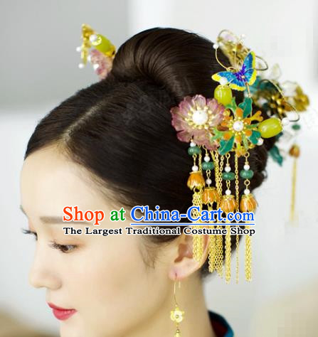 China Ancient Bride Hair Accessories Traditional Wedding Golden Crane Hair Crown and Flower Hairpins Earrings Full Set