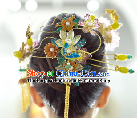 China Ancient Bride Hair Accessories Traditional Wedding Golden Crane Hair Crown and Flower Hairpins Earrings Full Set