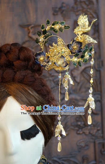 China Ancient Palace Tassel Hairpin Traditional Xiuhe Suit Hair Accessories Wedding Bride Golden Crane Hair Stick