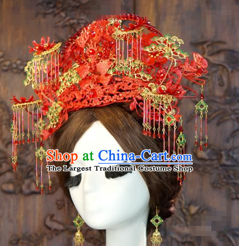 China Ancient Bride Hair Crown Hair Accessories Traditional Wedding Deluxe Red Phoenix Coronet