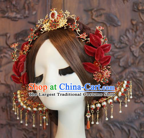 China Traditional Wedding Red Velvet Flowers Hair Sticks Ancient Queen Tassel Hairpins Hair Accessories Full Set