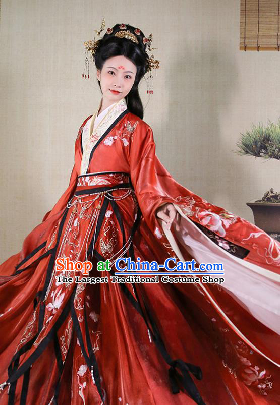 China Ancient Court Beauty Embroidered Red Dress Apparels Spring and Autumn Period Imperial Consort Xi Shi Hanfu Clothing