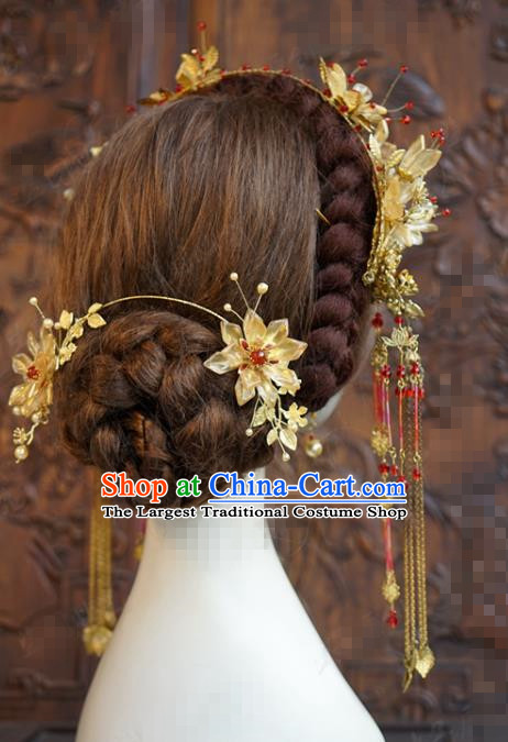 China Ancient Bride Golden Flower Hair Clasp and Tassel Hairpins Traditional Wedding Hanfu Hair Accessories Full Set