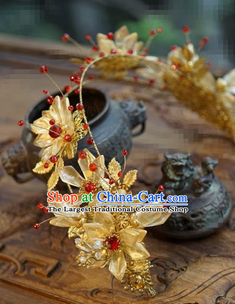 China Ancient Bride Golden Flower Hair Clasp and Tassel Hairpins Traditional Wedding Hanfu Hair Accessories Full Set