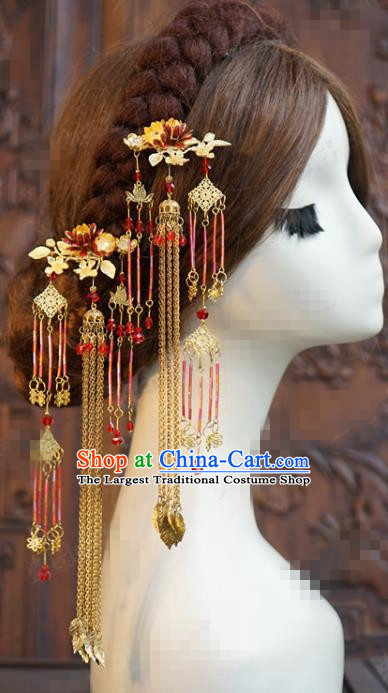 China Ancient Bride Golden Flower Hair Clasp and Tassel Hairpins Traditional Wedding Hanfu Hair Accessories Full Set