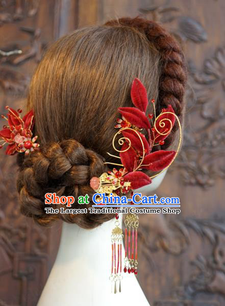 China Traditional Wedding Luxury Hair Accessories Ancient Bride Xiuhe Suit Red Velvet Flowers Hair Sticks Full Set