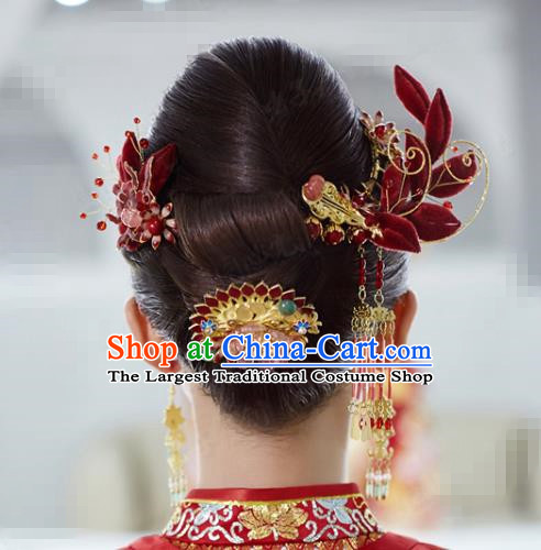 China Traditional Wedding Luxury Hair Accessories Ancient Bride Xiuhe Suit Red Velvet Flowers Hair Sticks Full Set