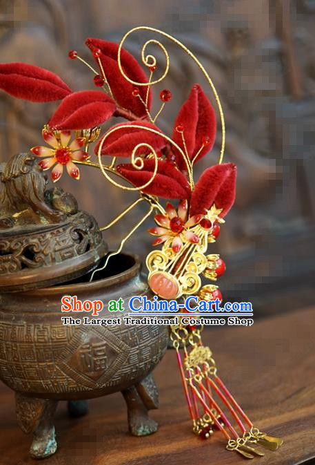 China Traditional Wedding Luxury Hair Accessories Ancient Bride Xiuhe Suit Red Velvet Flowers Hair Sticks Full Set