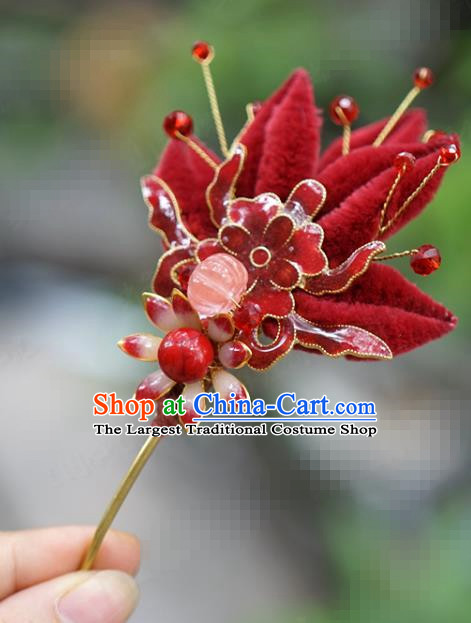 China Traditional Wedding Luxury Hair Accessories Ancient Bride Xiuhe Suit Red Velvet Flowers Hair Sticks Full Set