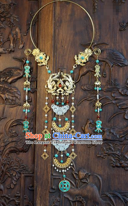 Chinese Handmade Jade Tassel Necklace Traditional Jewelry Accessories Ancient Wedding Bride Golden Phoenix Necklet