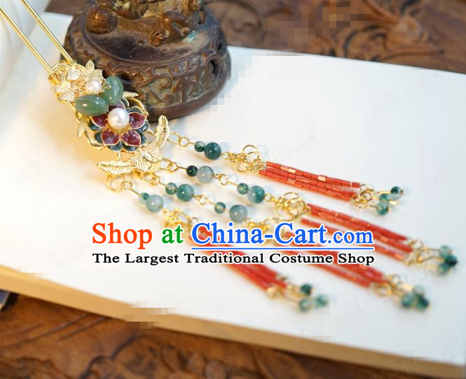 China Ancient Princess Tassel Hairpin Traditional Xiuhe Suit Hair Jewelry Accessories Court Jade Hair Clip