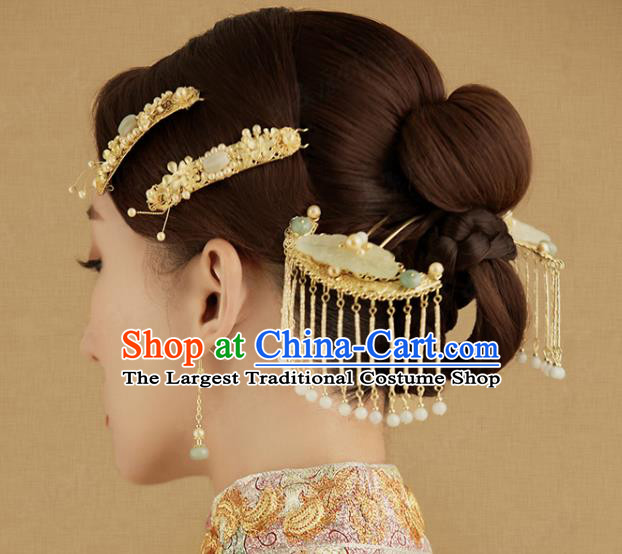 China Traditional Jade Hair Combs Wedding Hanfu Luxury Hair Accessories Ancient Bride Hairpins Full Set