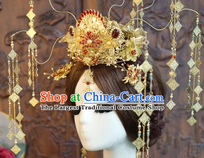 China Ancient Bride Golden Hair Crown and Earrings Xiuhe Suit Headpieces Traditional Wedding Phoenix Coronet Hair Accessories Full Set