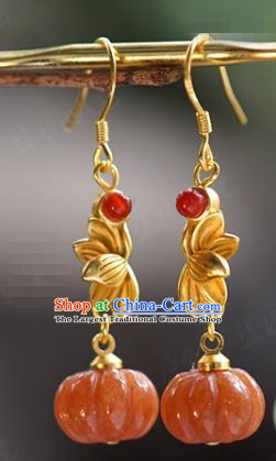 Top Grade Golden Lotus Earrings Traditional Accessories China Ancient Court Empress Jade Pumpkin Ear Jewelry