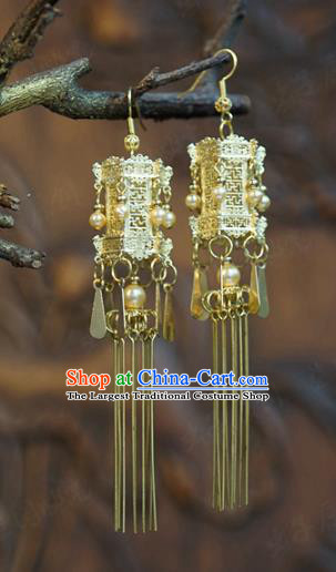 Top Grade Golden Palace Lantern Earrings Traditional Accessories China Ancient Court Empress Pearls Ear Jewelry
