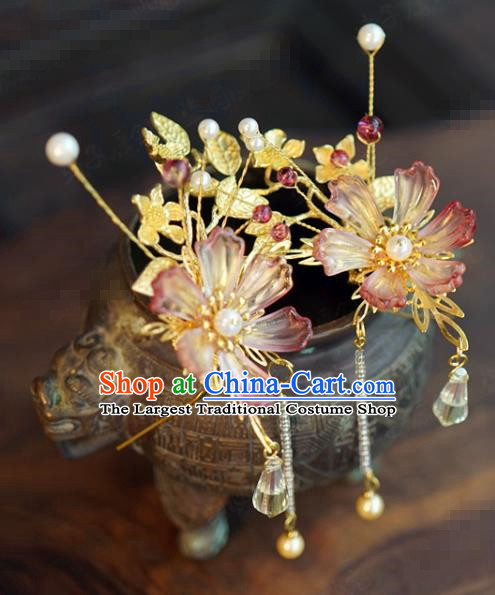 China Wedding Pink Flower Hairpins Ancient Bride Tassel Hair Clips Traditional Xiuhe Suit Hair Accessories