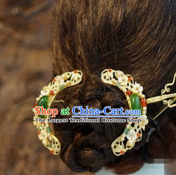 China Ancient Palace Jade Pearls Hair Sticks Traditional Xiuhe Suit Hair Jewelry Accessories Qing Dynasty Court Gems Hairpins