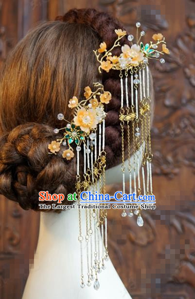 China Ancient Bride Flower Hairpin Traditional Xiuhe Suit Hair Accessories Wedding Long Tassel Hair Combs