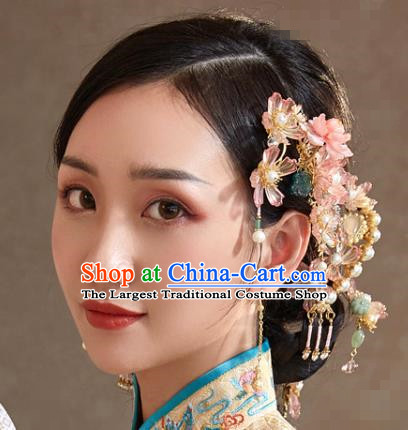 China Traditional Wedding Xiuhe Suit Pink Flower Hairpins Tassel Hair Sticks Ancient Bride Hair Accessories Complete Set