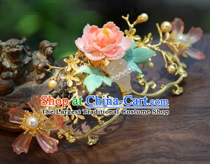China Traditional Wedding Xiuhe Suit Pink Flower Hairpins Tassel Hair Sticks Ancient Bride Hair Accessories Complete Set