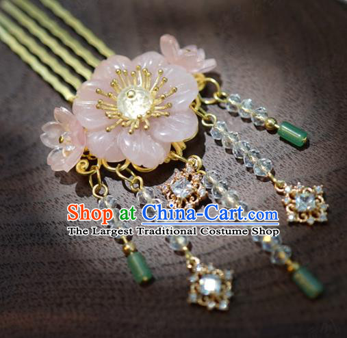 China Wedding Pink Flower Hair Comb Zircon Jewelry Adornment Traditional Xiuhe Suit Hair Accessories Ancient Princess Tassel Hairpin
