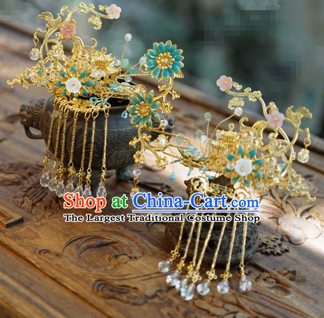 China Wedding Xiuhe Suit Headdress Traditional Hair Accessories Ancient Bride Golden Hair Crown and Tassel Hairpins