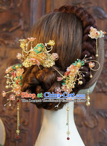 China Traditional Wedding Hair Accessories Ancient Bride Golden Hair Comb and Tassel Hairpins Xiuhe Suit Headdress