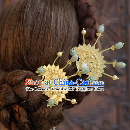 China Ancient Palace Jade Beads Hairpins Traditional Xiuhe Suit Hair Jewelry Accessories Pearls Golden Lotus Hair Stick
