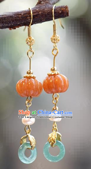 Top Grade China Jade Pumpkin Ear Jewelry Traditional Hanfu Accessories Ancient Qing Dynasty Court Earrings