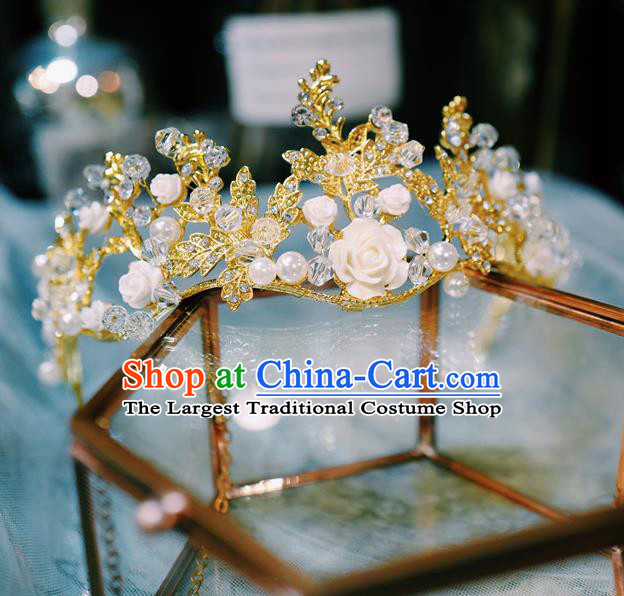 Handmade European Court Retro Golden Royal Crown Hair Accessories Baroque Bride Headwear Wedding White Rose Hair Clasp