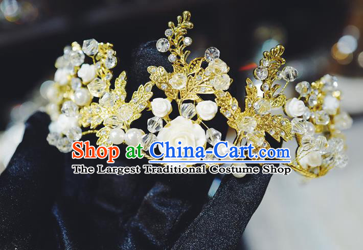 Handmade European Court Retro Golden Royal Crown Hair Accessories Baroque Bride Headwear Wedding White Rose Hair Clasp