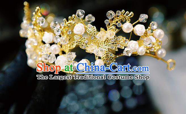 Handmade European Court Retro Golden Royal Crown Hair Accessories Baroque Bride Headwear Wedding White Rose Hair Clasp