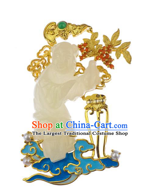China Classical Cheongsam Gilding Brooch Traditional Handmade Hetian White Jade Child Breastpin