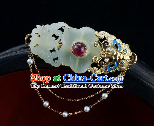 China Classical Cheongsam Jade Carving Butterfly Plum Brooch Traditional Handmade Golden Tassel Breastpin