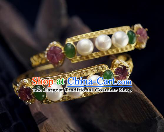 Chinese Traditional Gems Bangle Accessories Ancient Qing Dynasty Court Pearls Jade Bracelet Jewelry