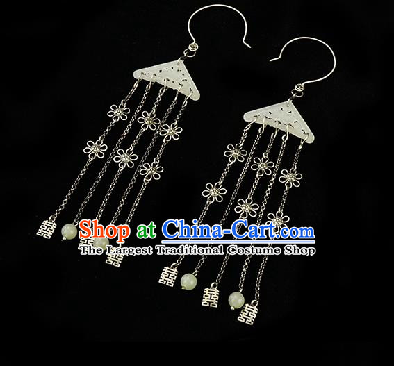 Top Grade Chinese Qing Dynasty Jade Accessories Classical Court Earrings Traditional Handmade Silver Tassel Ear Jewelry