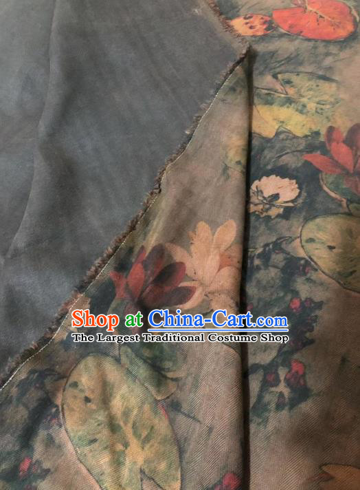 Chinese Classical Water Lily Pattern Design Grey Gambiered Guangdong Gauze Fabric Asian Traditional Cheongsam Silk Material