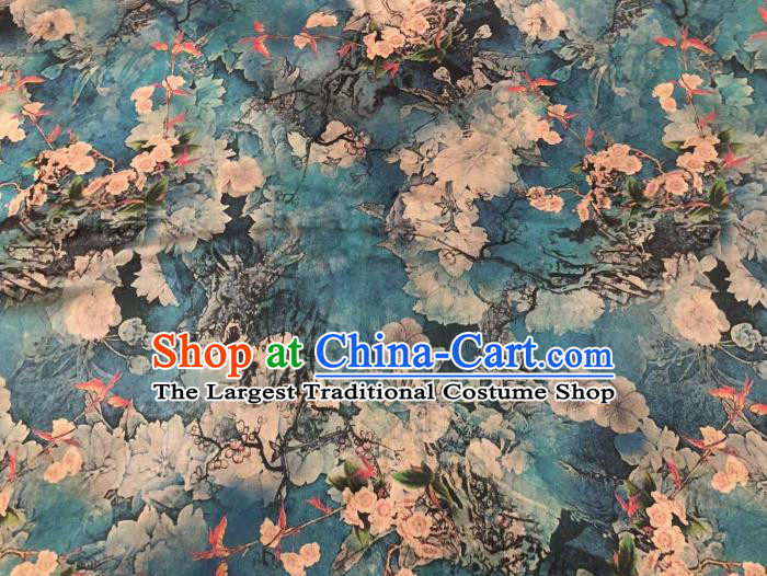 Chinese Classical Plum Pattern Design Blue Gambiered Guangdong Gauze Fabric Asian Traditional Cheongsam Silk Material