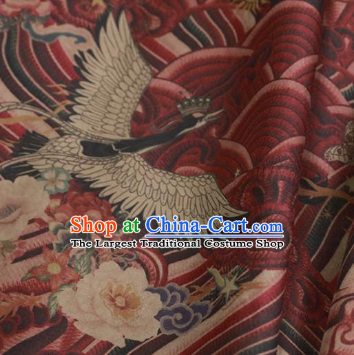 Chinese Classical Wave Crane Pattern Design Dark Red Gambiered Guangdong Gauze Fabric Asian Traditional Cheongsam Silk Material